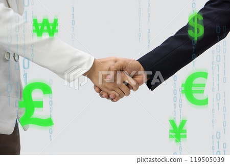 Two people in suit are shaking hand, symbolizing agreement and partnership, with numeric digits and various currency symbol scattered around. 119505039