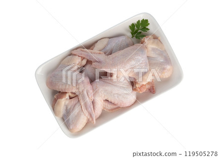 Fresh raw Chicken wings (Chicken 3 Joint Wing) in white plate isolated on white background with clipping path.Top view. Fresh raw Chicken wings (Chicken 3 Joint Wing) in white plate isolated on white background with clipping path.Top view. 119505278