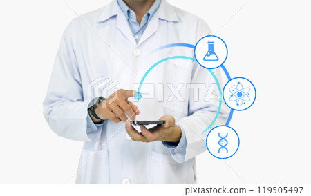 Scientist in white lab coat holding smartphone, pointing finger toward with his hand showing symbol of scientific innovation, chemistry, discovery and healthcare analysis. 119505497