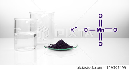 Potassium permanganate (KMnO4) with chemical structure, a common chemical compound that combines manganese oxide ore with potassium hydroxide. Potassium permanganate (KMnO4) with chemical structure, a common chemical compound that combines manganese oxide ore with potassium hydroxide. 119505499