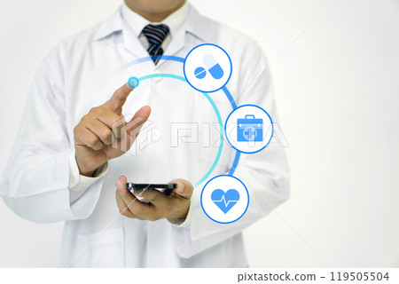 A doctor in a white lab coat holding smartphone, pointing finger toward with his hand showing symbol of medicine innovation, treatment, discovery and healthcare analysis. 119505504