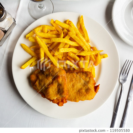Dish of Spanish cuisine is goat cheese and pepper booklets with French fries 119505580