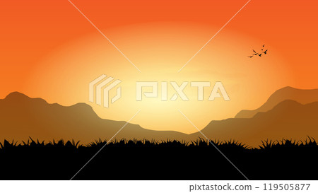 graphics drawing landscape view outdoor of sunset with grass on the ground for wallpaper background vector illustration 119505877