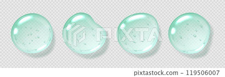 Mint serum drops, transparent gel droplets, realistic glossy liquid, moisturizing cosmetic product, hyaluronic acid. 119506007