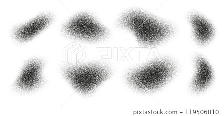 Fluid halftone shapes, abstract liquid stipple forms, black splatter shadows isolated on white. 119506010