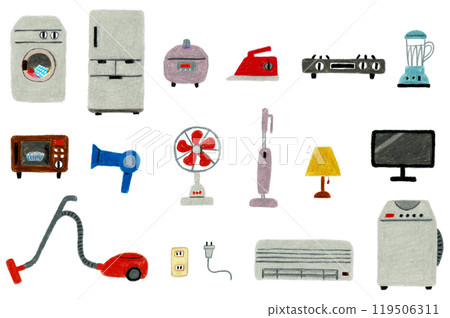 Hand-drawn illustration of a set of household appliances found in a typical home Hand-drawn illustration of a set of household appliances found in a typical home 119506311
