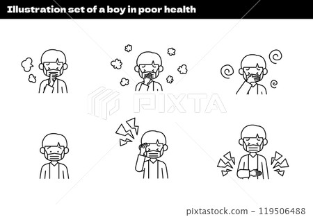 Illustration of a boy who is unwell (cold, flu, hay fever, nausea, headache, stomachache, allergy, asthma) Illustration of a boy who is unwell (cold, flu, hay fever, nausea, headache, stomachache, allergy, asthma) 119506488