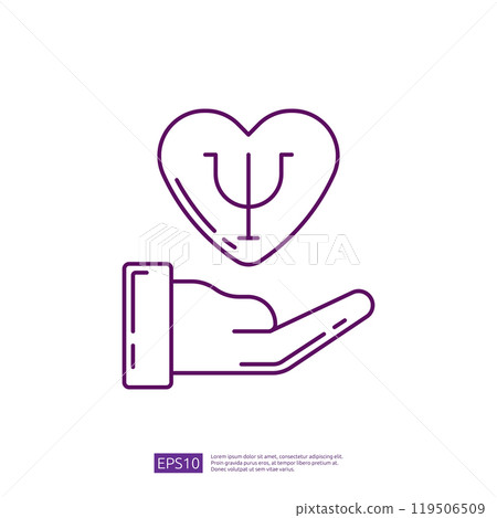 Hand holding heart with psychology symbol. Mental health and emotional well-being care. Therapy, counseling, and support for mental wellness. 119506509