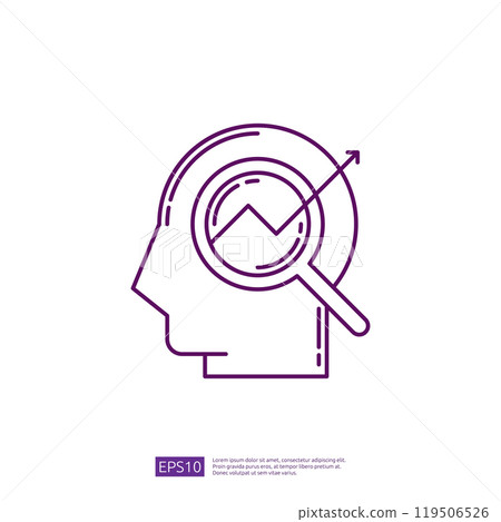 Purple line art icon of human head with magnifying glass over chart, concept of data analysis, research, and insights. Purple line art icon of human head with magnifying glass over chart, concept of data analysis, research, and insights. 119506526
