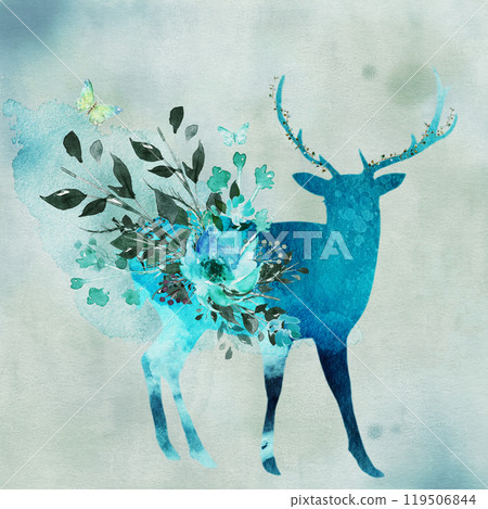 覆蓋著藍色花朵的鹿的剪影 119506844