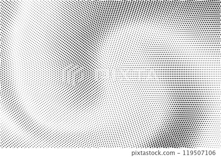 Dotted gradient pattern. Halftone textured effect. Vector grunge noisy abstract bg. Wavy radial grainy elements on white backdrop. Radiate shade with pixels. 119507106