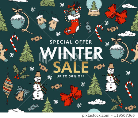Christmas sale, pattern. Hand drawn illustration. Christmas sale, pattern. Hand drawn illustration. 119507366
