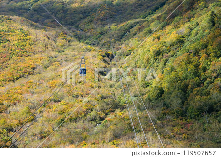 Kurobedaira Station, Tateyama, Toyama, Chubu, Japan, A serene landscape a cable car traversing a lush valley filled with autumn-colored foliage. Kurobedaira Station, Tateyama, Toyama, Chubu, Japan, A serene landscape a cable car traversing a lush valley filled with autumn-colored foliage. 119507657