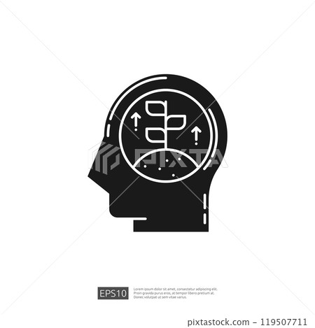 A silhouette of a human head with a plant growing inside, symbolizing growth, ideas, and mental development. 119507711