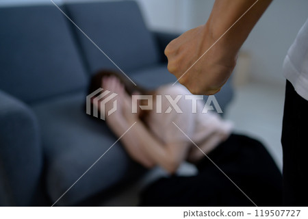 Domestic violence DV Man hitting and woman holding her cheek Domestic violence DV Man hitting and woman holding her cheek 119507727