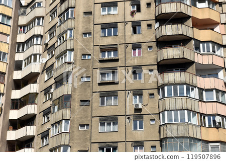 Flat of blocks from Communist period, worn out concrete buildings in Eastern Europe Flat of blocks from Communist period, worn out concrete buildings in Eastern Europe 119507896