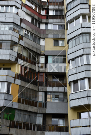 Post Soviet flat of blocks built in the Communist era, concrete apartment buildings 119507898