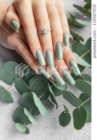 Elegant hands with green nails resting among lush eucalyptus leaves in a serene setting 119507919