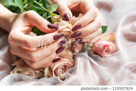 Elegant hands holding pale pink roses on soft fabric with manicured nails  119507924