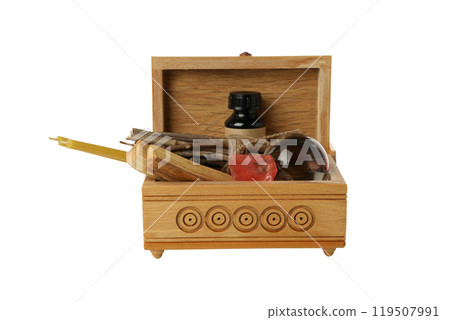 PNG, wooden box with witchcraft accessories isolated on white background. PNG, wooden box with witchcraft accessories isolated on white background. 119507991