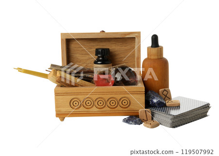 PNG, wooden box with witchcraft accessories isolated on white background. 119507992