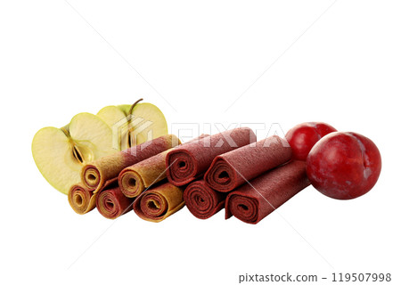 PNG, Assorty of fruit pastille, two half of apple and two whole plums, isolated on white background 119507998