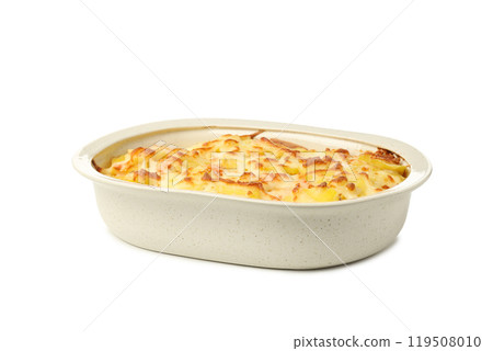 Concept of tasty and delicious homemade food - potato casserole, isolated on white background 119508010