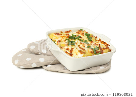 Concept of tasty and delicious homemade food - potato casserole, isolated on white background 119508021