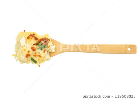 Concept of tasty and delicious homemade food - potato casserole, isolated on white background Concept of tasty and delicious homemade food - potato casserole, isolated on white background 119508023