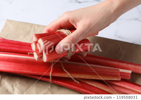 Ripe stalks of rhubarb on a light background Ripe stalks of rhubarb on a light background 119508031