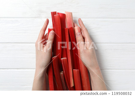 Ripe stalks of rhubarb on a light background 119508032