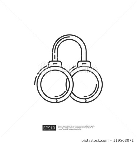 Handcuffs icon, black outline on white background. Vector illustration. Criminal justice, arrest, law enforcement, crime, security, safety concept. Handcuffs icon, black outline on white background. Vector illustration. Criminal justice, arrest, law enforcement, crime, security, safety concept. 119508071