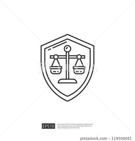 Law and Justice Shield Icon. Lawyer and Legal Protection Symbol with Scale of Justice. Vector Illustration. 119508081