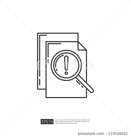 Document with magnifying glass and exclamation point icon.  Concept of search, document,  alert,  notice, warning, important, find,  notification 119508082