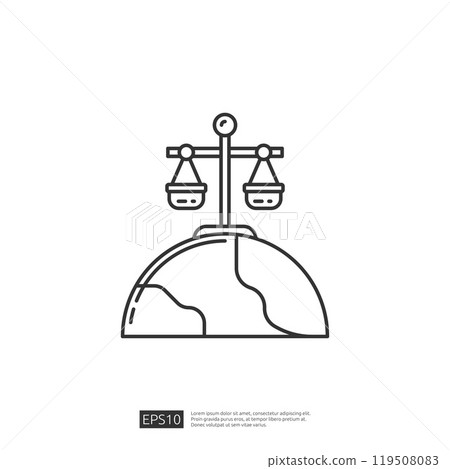 Global Justice. Line Art Icon of Scales of Justice Over World Globe Global Justice. Line Art Icon of Scales of Justice Over World Globe 119508083