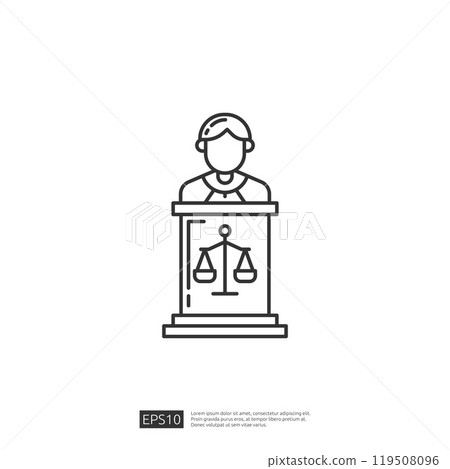Judge standing behind a podium with a scale of justice on it. Legal, law and court icon. 119508096