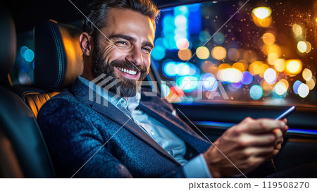 Relaxed Businessman Smiling as He Uses His Phone in His Comfortable Car 119508270