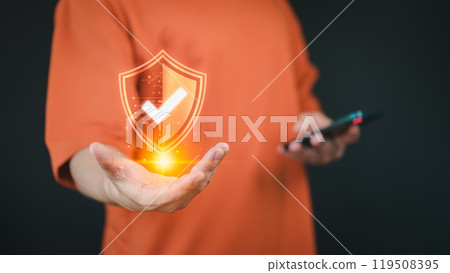 Displaying on a virtual screen, user showcases identity proofing icon for security protection, emphasizing the quality assurance of business services and certified guarantee approval for secure 119508395