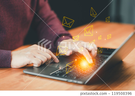 Technology and lifestyle concepts, Email Marketing and Newsletters. Male hand using computer laptop and sending online message with email icon. 119508396