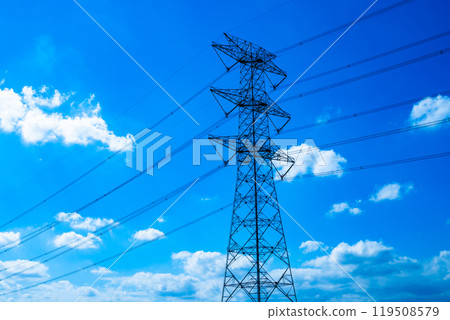 Power line tower looking up at the autumn sky a-2 High saturation contrast Power line tower looking up at the autumn sky a-2 High saturation contrast 119508579