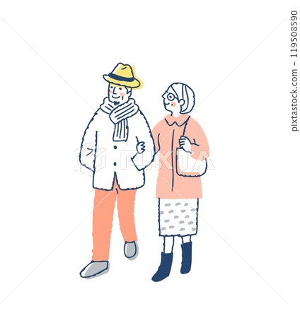 穿著冬衣的老夫妻手牽手走路 119508590