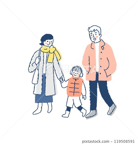 一家三口穿著冬衣散步 一家三口穿著冬衣散步 119508591