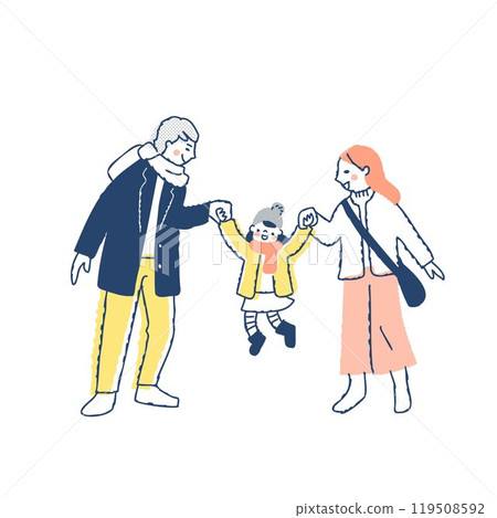 穿著冬衣的一家人牽著孩子的手跳躍 穿著冬衣的一家人牽著孩子的手跳躍 119508592