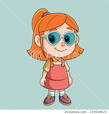Funny red-haired girl in a red dress and big glasses. Cute cartoon character Funny red-haired girl in a red dress and big glasses. Cute cartoon character 119508629