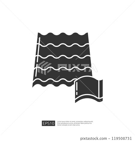 This image features a stylized representation of wavy roofing sheets alongside a rolled sheet, illustrating roofing materials. This image features a stylized representation of wavy roofing sheets alongside a rolled sheet, illustrating roofing materials. 119508731