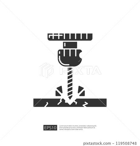 The image depicts a drill bit being used to penetrate a surface, symbolizing construction or manufacturing processes. 119508748