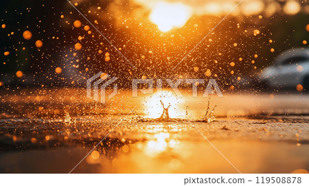 Dramatic Water Ripples, Rain Droplets Splashing in a Puddle Against a Somber, Dark Background 119508878