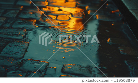 Tears from the Sky, Close-Up of Rain Droplets Creating Ripples in a Dark, Sad Puddle 119508879