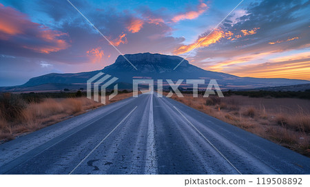 Asphalt road stretches into the horizon, inviting the viewer on a journey through the rugged terrain towards the towering mountain peak 119508892