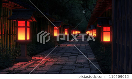 Tranquil stone path winds through a landscape flanked by tall bamboo Tranquil stone path winds through a landscape flanked by tall bamboo 119509013